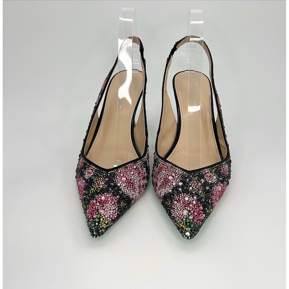 Betsey Johnson Clark Rhinestone Floral Slingback Pumps Black Pink Heels 10 NWOT - Picture 7 of 12